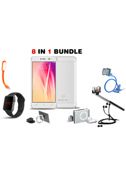 8 in 1 Bundle, Lenosed F7  Smartphone, Mobile Phone Holder, Selfie stick, Mobile Phone Ring Holder,  Macra Digital Unisex Watch, Mp3 Player, USB LED Lamp, Zipper Stereo Wired 